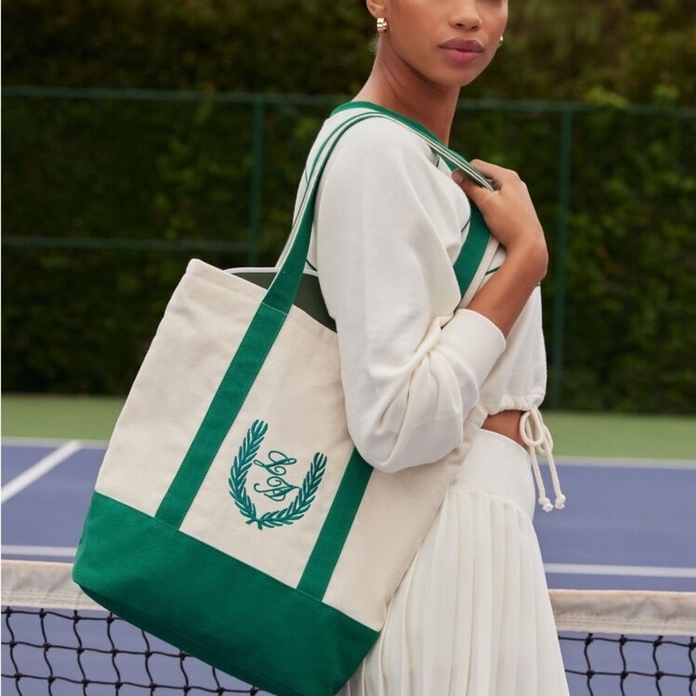 Emerald Green and Cream Canvas Tote with Crest Design